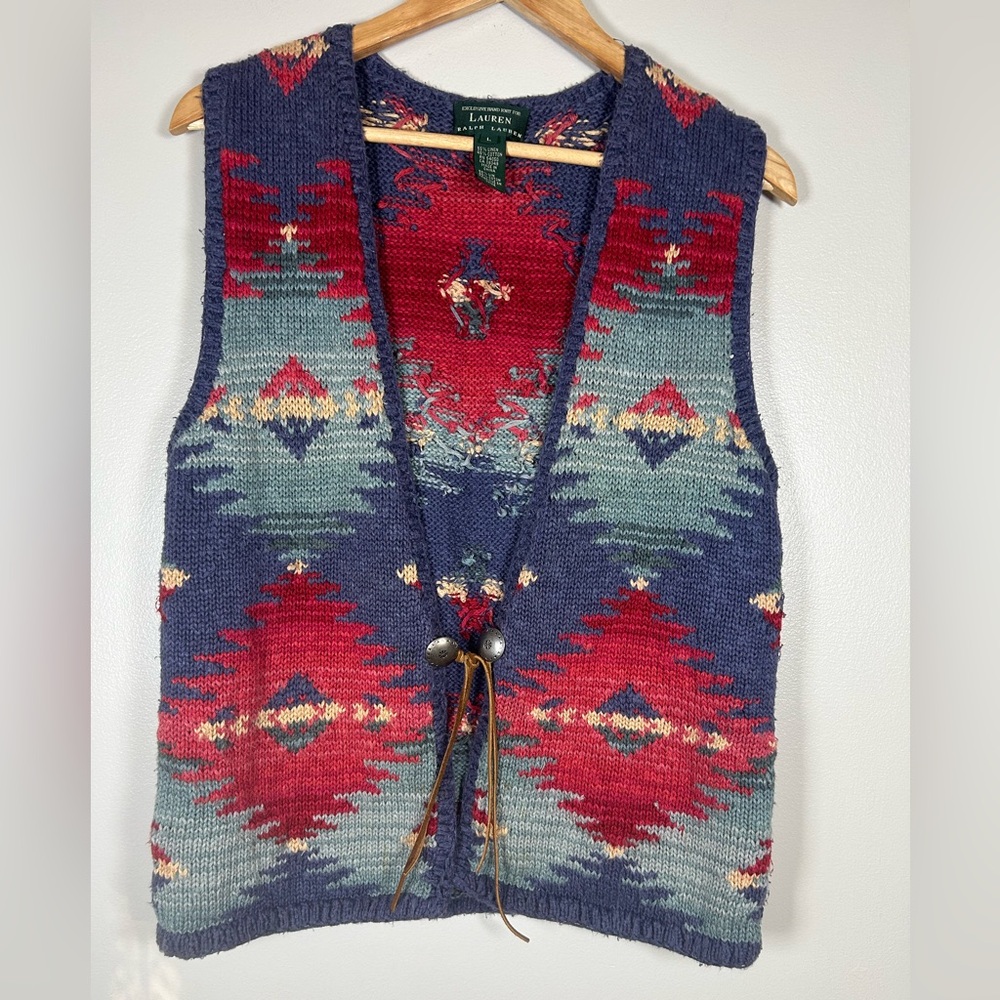 Hand knit Vintage Lauren Ralph Lauren Navy, Red & Teal Southwestern Knit Vest